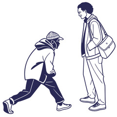 Two young men in casual clothing interacting outdoors with one person stretching and the other standing