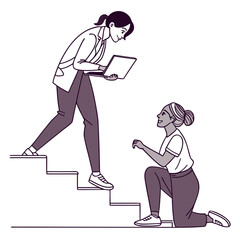 Woman on stairs holding laptop helps kneeling woman with a smile and outstretched hand