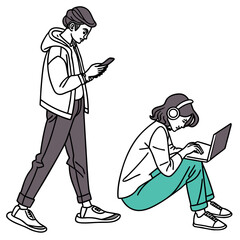 Young man walking and looking at his phone while a young woman sits and works on her laptop wearing headphones