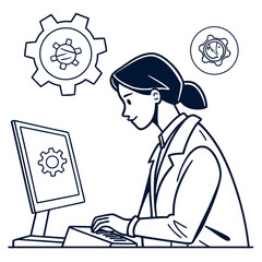 Young woman in lab coat working on computer with gears symbolizing engineering and technology