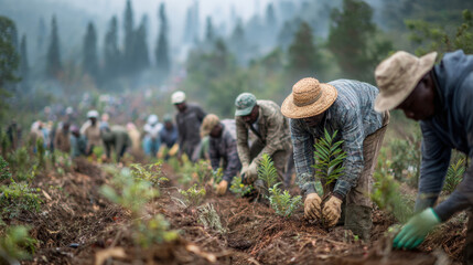 Team Planting Saplings on a Hillside Reforestation Project