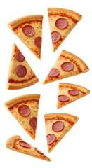 pizza slices falling down PNG. Slices of pizza flying isolated. Falling pizza slices PNG for Italian culinary concepts. Pizza with pepperoni  isolated