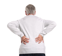 Senior man suffering from back pain on white background