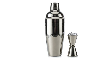 A stainless steel cocktail shaker and jigger set against a white background.  Shiny metal, ice
