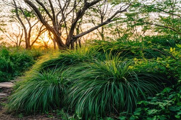 Lush green grass clumps at sunset, dappled sunlight filtering through trees