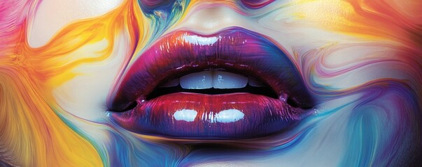 A close up view of glossy lips and colorful swirls