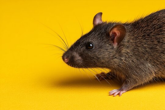 black rat close-up on bright yellow background, side profile view