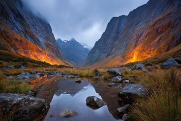 Obraz premium Autumnal mountain valley reflecting in a calm pool