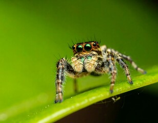 Fototapeta premium Jumping spider on vibrant green leaf