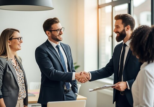 Business professionals shake hands in a modern office setting - Powered by Adobe