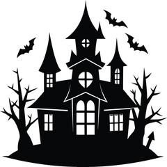 Spooky Haunted House with Cats Silhouette on Transparent Background for Halloween Designs This spooky haunted