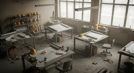 Vintage architect office with drafting tables, blueprints, and construction helmets