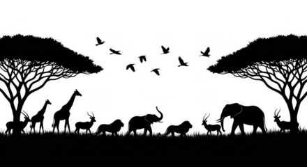 African wildlife silhouettes under vibrant trees