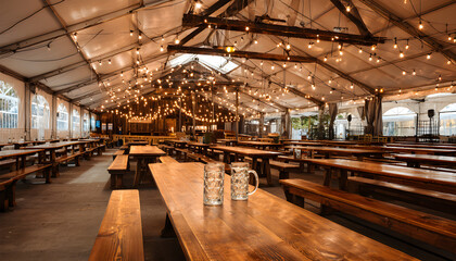 Beer tent with long wooden tables and string lights in evening  