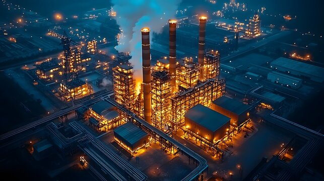 Aerial view of a sprawling industrial plant linked to a smart grid