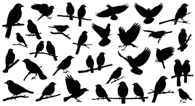 Birds silhouetted perched flying in darkness