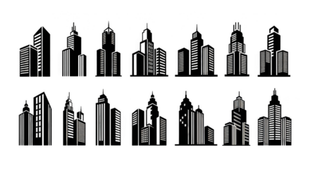 Cityscape skyline silhouette with luminescent window lines