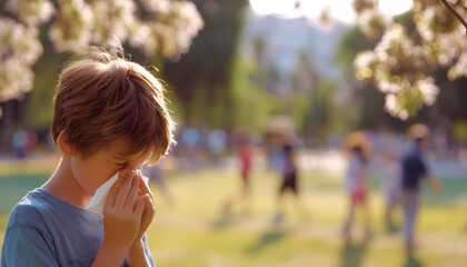 Young boy sneezing in public park during springtime with blossoms  