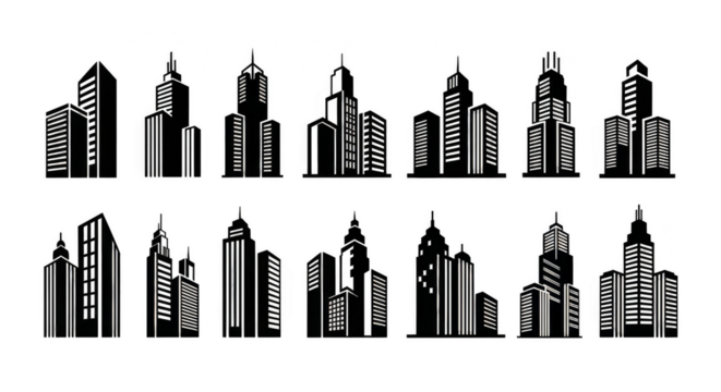Cityscape skyline silhouette with luminescent window lines