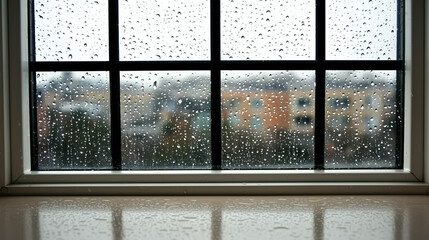 Melancholic scene of raindrops on window, creating serene atmosphere with blurred cityscape in background