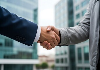 Business partners shaking hands in front of modern office buildings