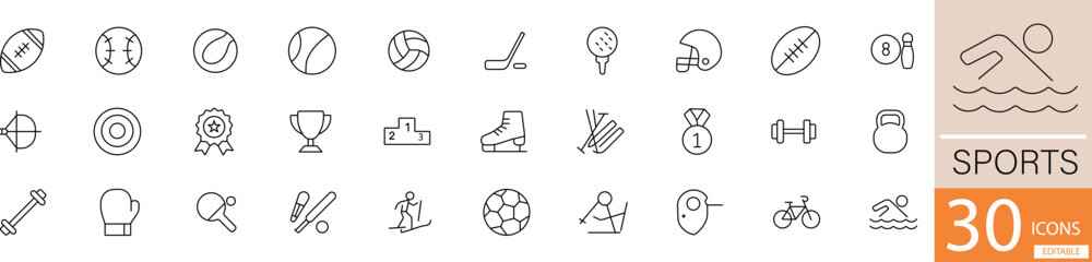 Naklejka premium Minimal black line icon set with 30 sports icons. Perfect for fitness apps, sports websites, tournaments, and athletic branding