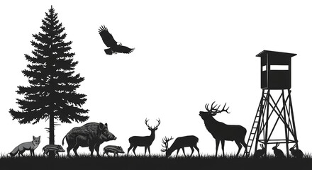 Fototapeta premium Forest wildlife scene Fox Boars Deer Eagle Stand