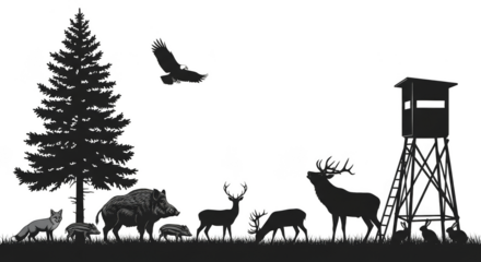 Forest wildlife scene Fox Boars Deer Eagle Stand