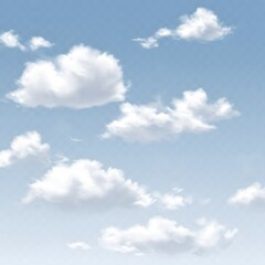 Obraz premium A collection of realistic white fluffy cumulus clouds floating in a serene blue daytime sky, perfect for meteorological or design concepts.