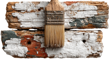 Renovation Essentials: A rustic wooden plank is transformed with fresh paint by a trusty paintbrush, epitomizing the art of restoration and creative rebirth.
