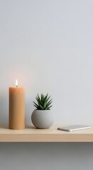 Minimalist Home Decor with Candle Succulent and Smartphone on Shelf
