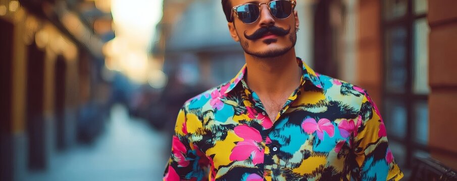 Handsome man posing confidently wearing sunglasses and a floral shirt