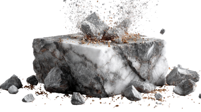 Rock Explosion: Witness the raw power and destructive force as a solid stone undergoes a powerful impact, resulting in an explosion of fragments and dust. 
