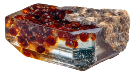 Garnet and Rock Specimen: An exquisite geological specimen showcasing the vibrant, translucent beauty of a garnet formation encased within a clear crystalline structure, alongside a rugged.