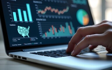Analyzing business finance data. Many graphs and laptop. Closeup of hands typing. High quality