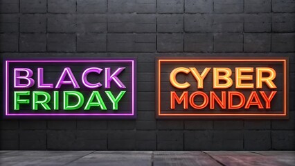 Bright neon signs announcing black friday and cyber monday sales against a dark brick wall