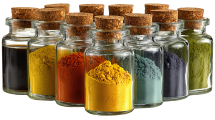Vibrant Pigments in Glass Bottles: A captivating display of colorful pigments contained in glass bottles with cork stoppers, showcasing the diverse spectrum of colors and the art of color.