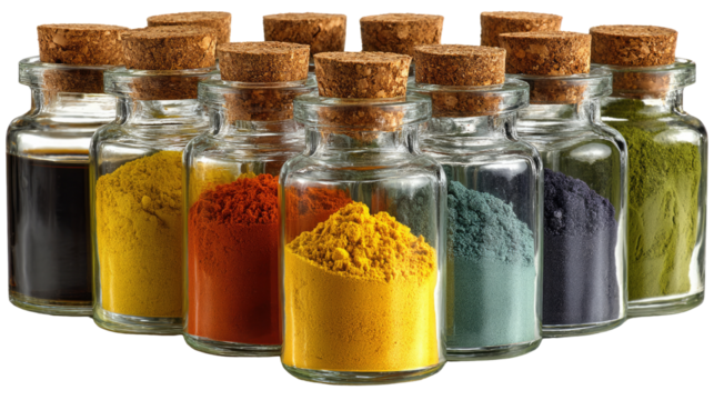 Vibrant Pigments in Glass Bottles: A captivating display of colorful pigments contained in glass bottles with cork stoppers, showcasing the diverse spectrum of colors and the art of color.