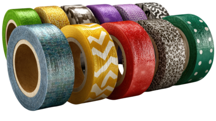 Colorful Tape Rolls Display: A vibrant assortment of decorative tape rolls showcases a spectrum of colors and patterns, inspiring creativity and craft projects with their attractive designs.