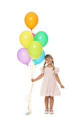 Cute little girl in dress with bunch of colorful balloons on white background