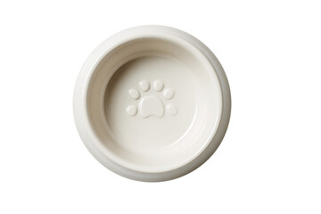 Top view of cream ceramic pet bowl with paw print isolated on transparent background