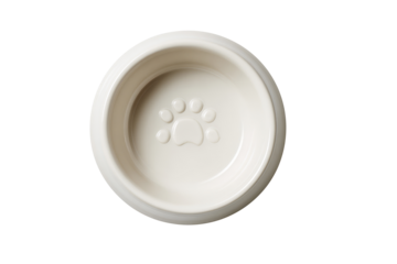 Top view of cream ceramic pet bowl with paw print isolated on transparent background