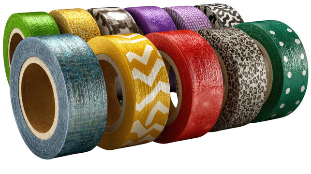 Colorful Tape Rolls Display: A vibrant assortment of decorative tape rolls showcases a spectrum of colors and patterns, inspiring creativity and craft projects with their attractive designs.