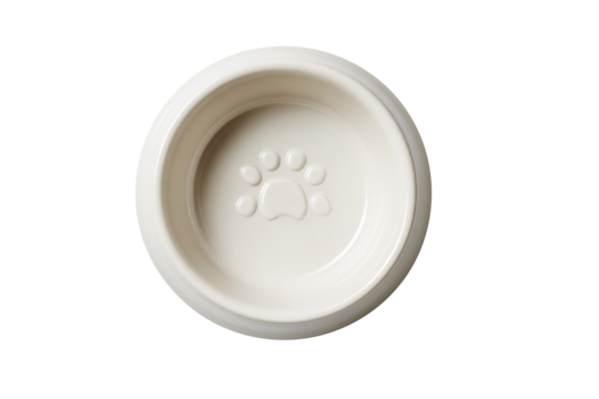 Top view of cream ceramic pet bowl with paw print isolated on transparent background