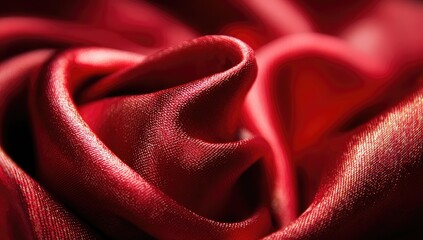 Close-up of rich, crimson silk fabric, draped in a heart-like form