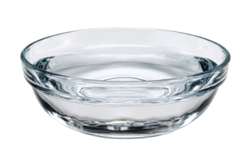 Clear glass bowl filled with water isolated on transparent background