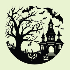 Black silhouette of haunted house spooky tree bats and pumpkins on pale green background