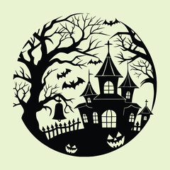 Black silhouette of haunted house with bats and jack o lanterns on pale green background