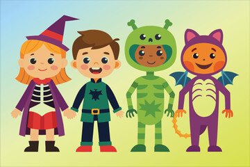 Four cartoon children in Halloween costumes standing together kids witch