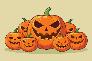 Group of carved Halloween pumpkins with spooky faces and green stems jack o lantern